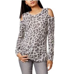 Charter Club Women 100% Cashmere Animal Print Cold Shoulder Sweater Size Small